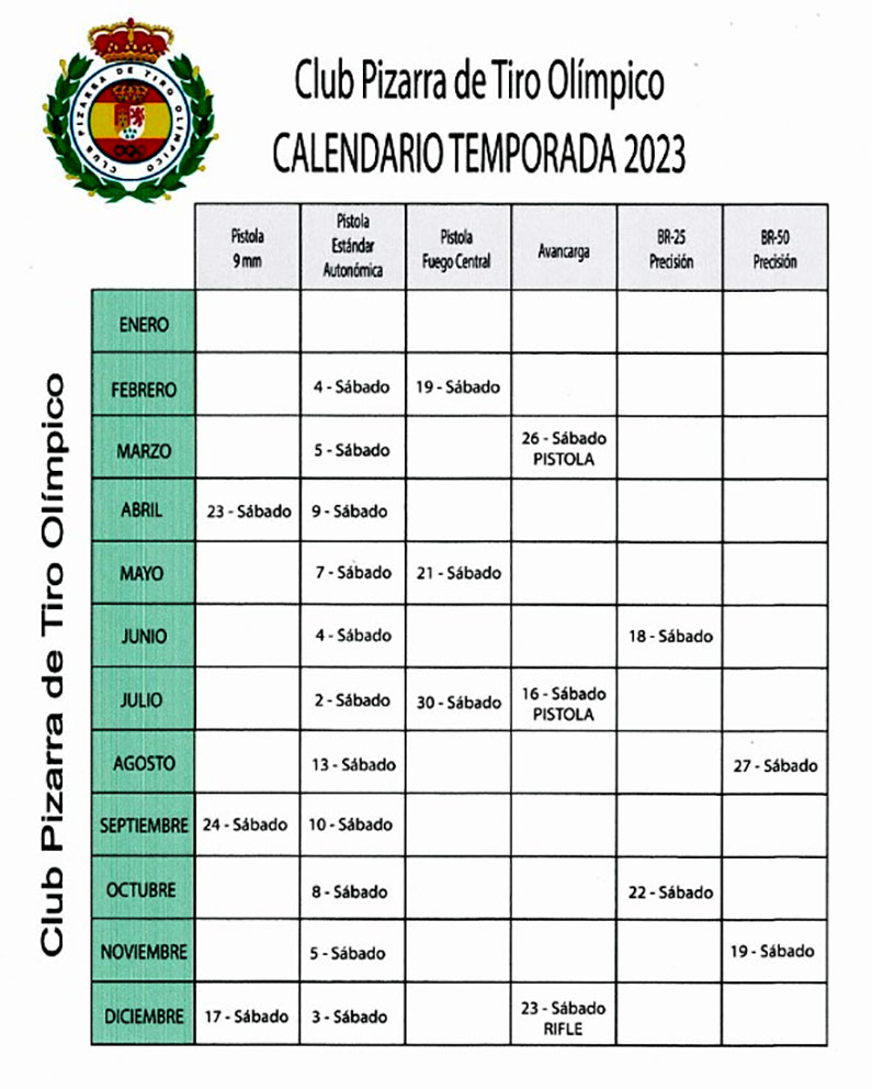Calendario de la temporada 2023 de la Galería del Club Pizarra de Tiro Olímpico